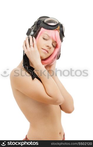 picture of topless pink hair girl in aviator helmet