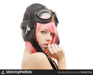 picture of topless pink hair girl in aviator helmet. topless pink hair girl in aviator helmet
