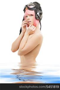 picture of topless pink hair girl in water