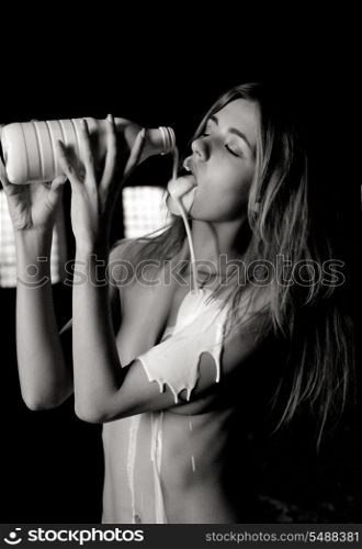 picture of topless woman with a bottle of milk
