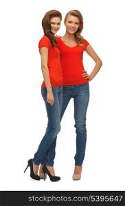 picture of two beautiful teenage girls in red t-shirts