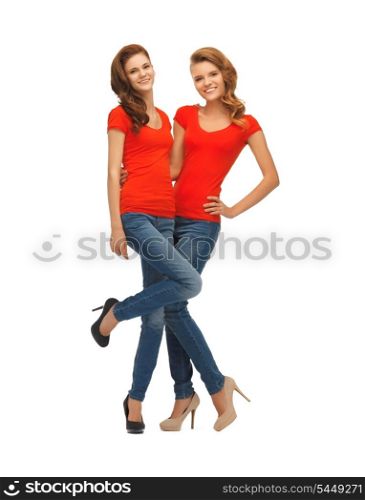 picture of two beautiful teenage girls in red t-shirts