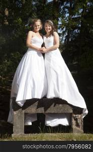 picture of two brides standing on old concrete object in nature surroundings