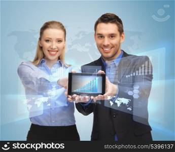 picture of two business people showing tablet pc with virtual screen