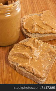 Picture of two slices of bread with peanut butter and a jar of peanut butter