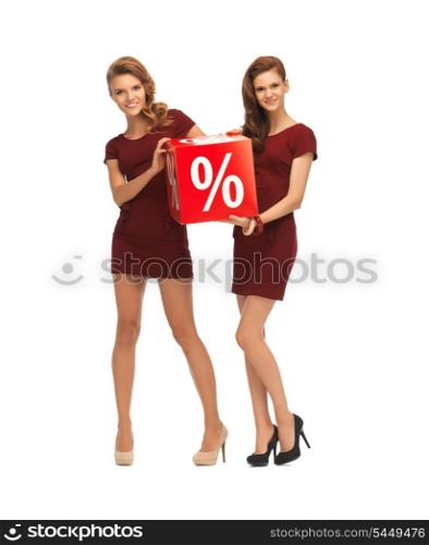 picture of two teenage girls in red dresses with percent sign