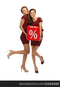 picture of two teenage girls in red dresses with percent sign