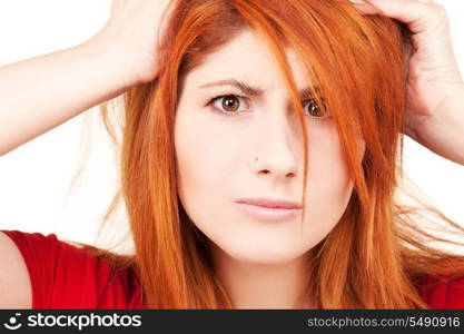 picture of unhappy redhead woman over white