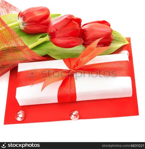 Picture of white gift box with red ribbon, fresh tulips flower bouquet, paper card, greeting postcard, isolated on white background, happy mothers day, romantic still life, love concept