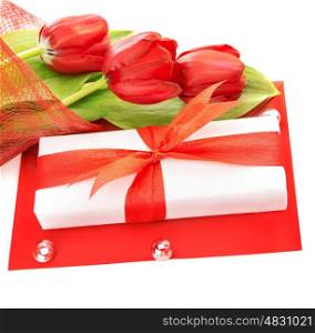 Picture of white gift box with red ribbon, fresh tulips flower bouquet, paper card, greeting postcard, isolated on white background, happy mothers day, romantic still life, love concept