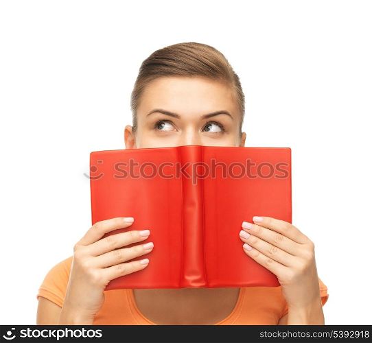 picture of woman eyes and hands holding red book