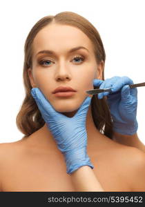 picture of woman face and beautician hands with scalpel