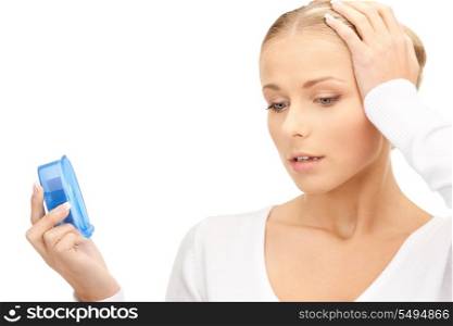 picture of woman holding alarm clock over white