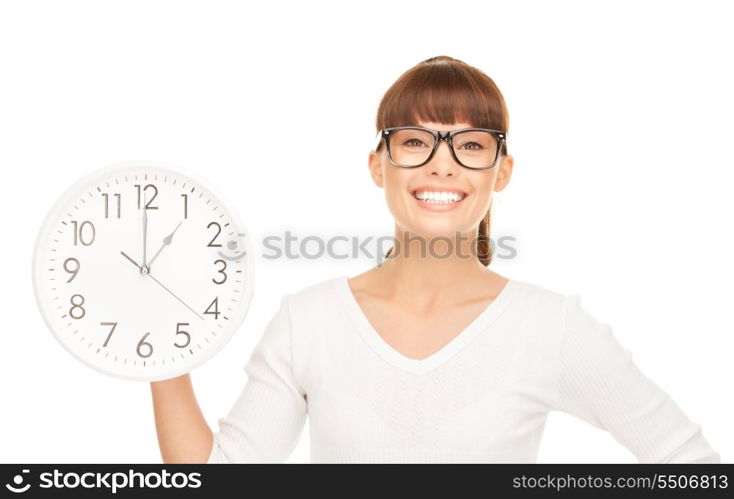 picture of woman holding big clock over white