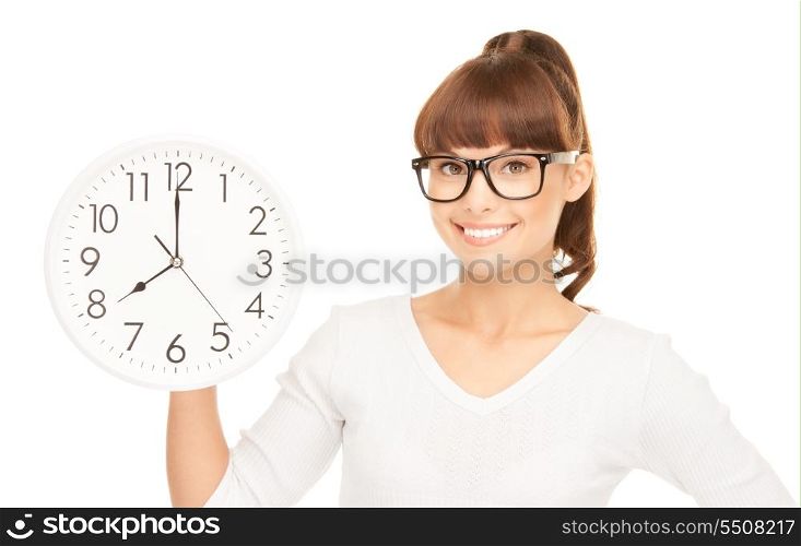 picture of woman holding big clock over white