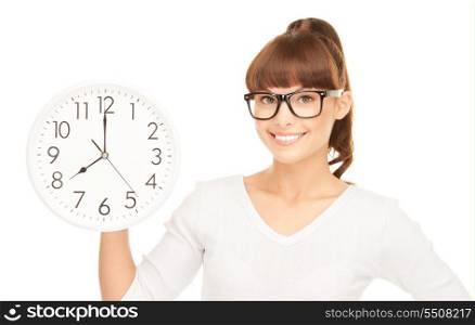 picture of woman holding big clock over white