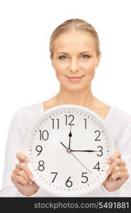 picture of woman holding big clock over white&#xA;