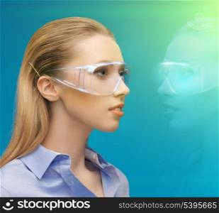picture of woman in 3d glasses with hologram