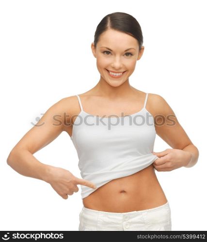 picture of woman in blank shirt showing her belly