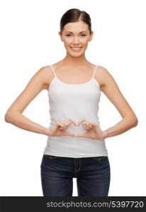picture of woman in blank t-shirt forming heart shape