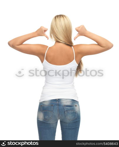 picture of woman in blank white t-shirt showing back
