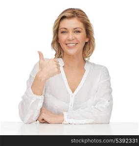 picture of woman in casual clothes showing thumbs up