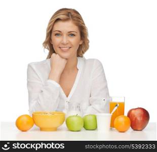 picture of woman in casual clothes with healthy breakfast
