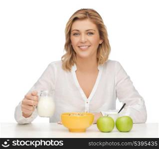 picture of woman in casual clothes with healthy breakfast