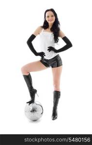 picture of woman in leather shorts with disco ball