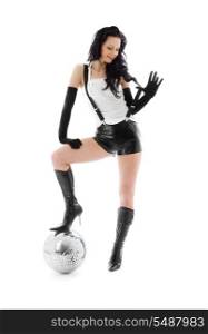 picture of woman in leather shorts with disco ball