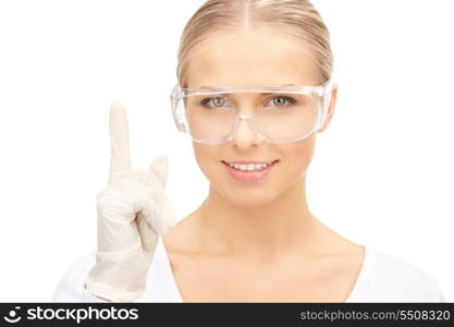 picture of woman in protective glasses and gloves