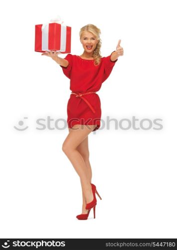 picture of woman in red dress with gift box