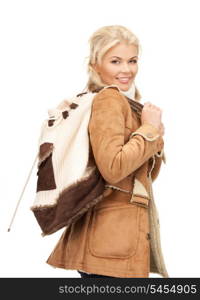 picture of woman in sheepskin jacket with backpack