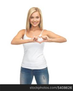 picture of woman in white tank showing heart shape with hands