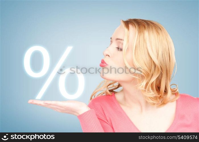 picture of woman showing sign of percent in her hand