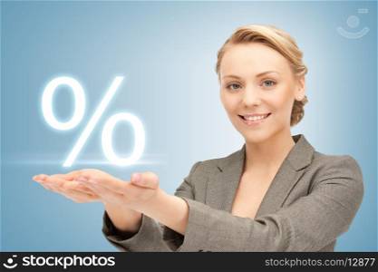 picture of woman showing sign of percent in her hands