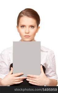 picture of woman with blank board over white&#xA;