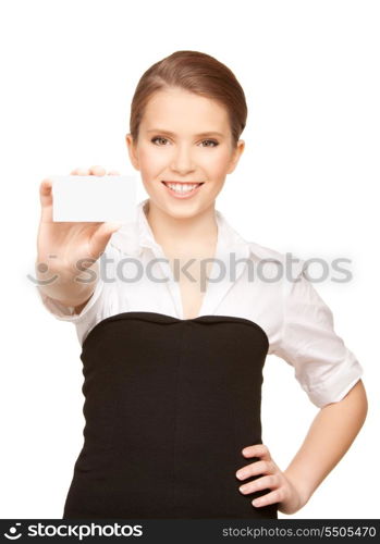 picture of woman with business card over white