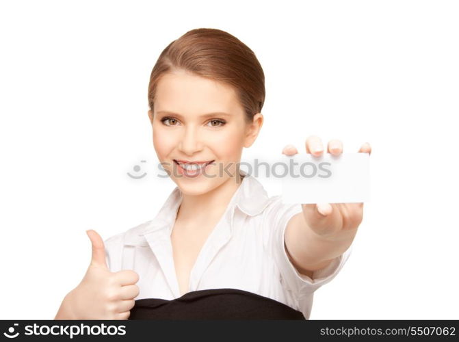 picture of woman with business card over white