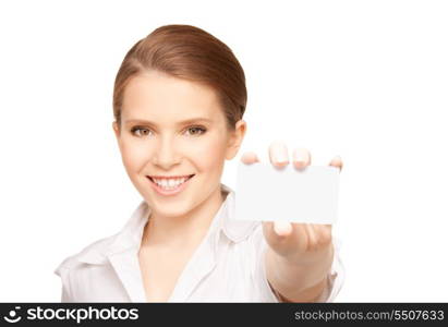 picture of woman with business card over white