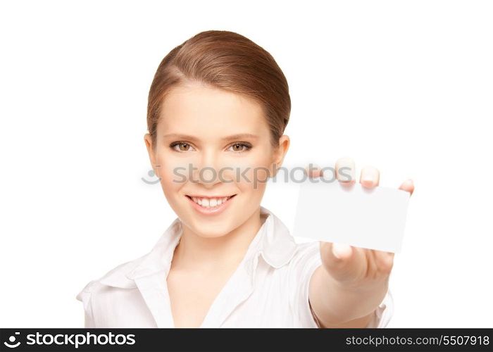 picture of woman with business card over white
