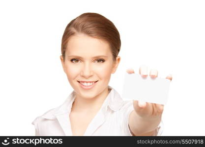 picture of woman with business card over white