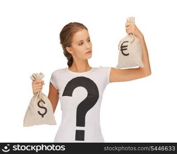 picture of woman with dollar and euro signed bags