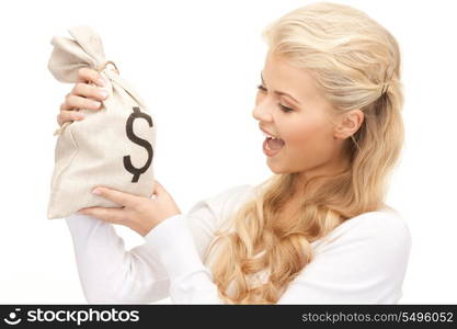 picture of woman with dollar signed bag