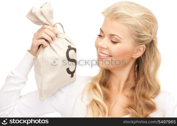 picture of woman with dollar signed bag