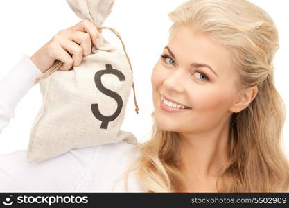 picture of woman with dollar signed bag