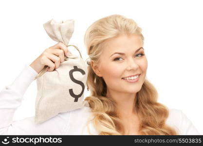 picture of woman with dollar signed bag