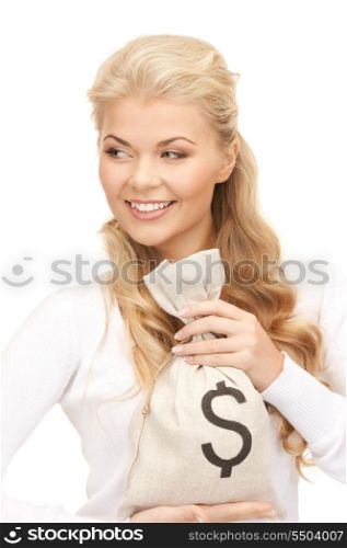 picture of woman with dollar signed bag