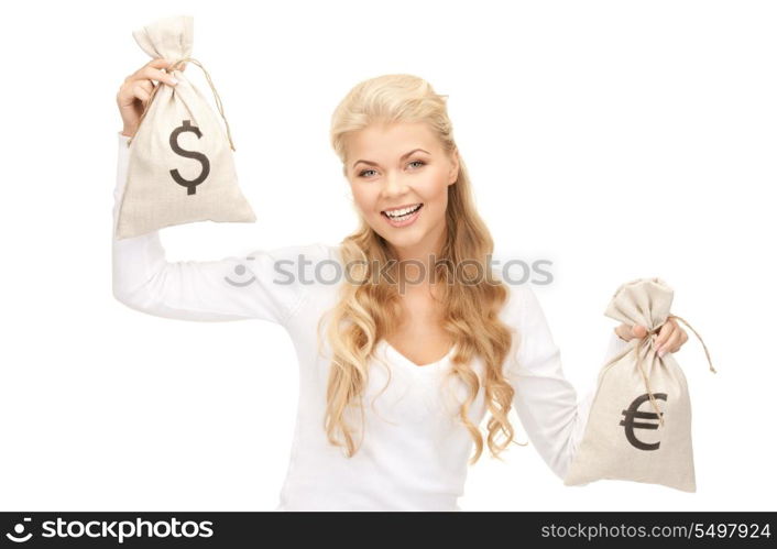 picture of woman with euro and dollar bags