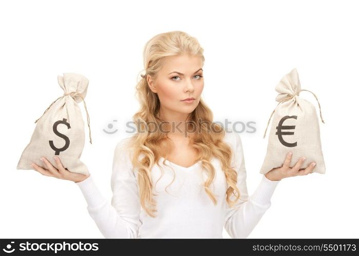 picture of woman with euro and dollar bags